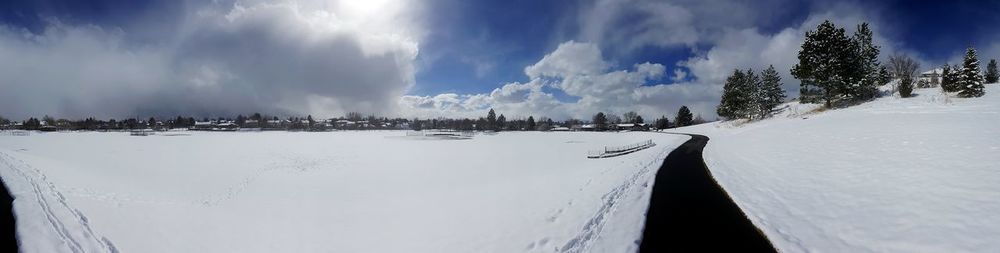 Panoramic view of snow covered landscape against sky