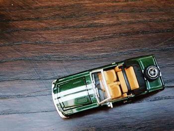 High angle view of toy car on table