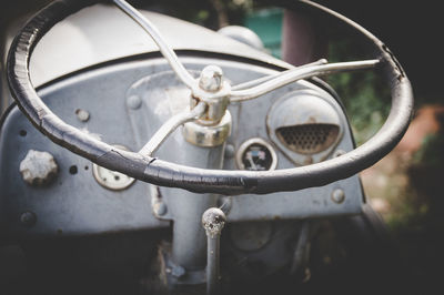High angle view of steering wheel in vintage tractor