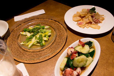 High angle view of salad in bowl on table