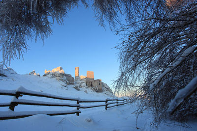 Snow covered land and trees against clear blue sky