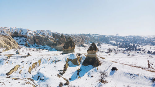 Panoramic view of snowcapped mountains against clear sky