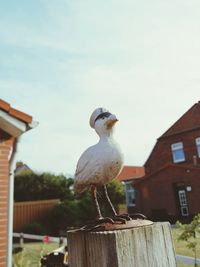 Seagull perching on wooden post against sky