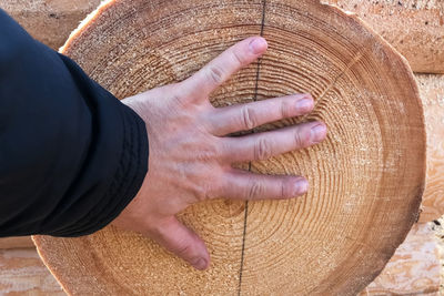 High angle view of man working on wood