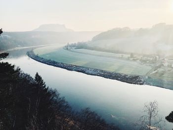 Scenic view of lake against sky during winter