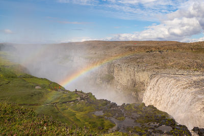 Scenic view of rainbow over land against sky