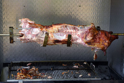 Close-up of meat on barbecue grill