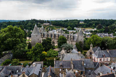 Aerial view of the medieval town of josselin with the castle located in brittany