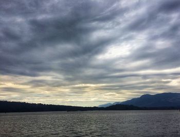 Scenic view of lake against dramatic sky