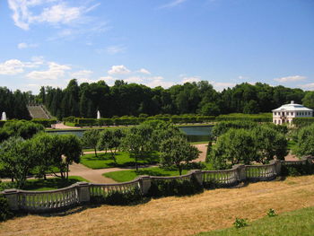 High angle view of golf course against sky