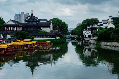 Buildings by lake against sky