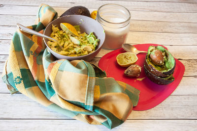 High angle view of food on table