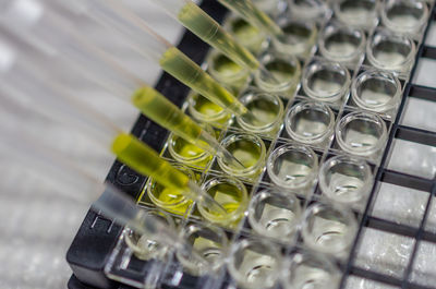 High angle view of bottles on table