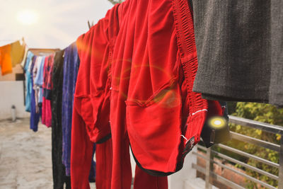 Close-up of clothes drying on clothesline