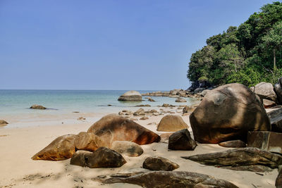 Rocks on beach against clear sky