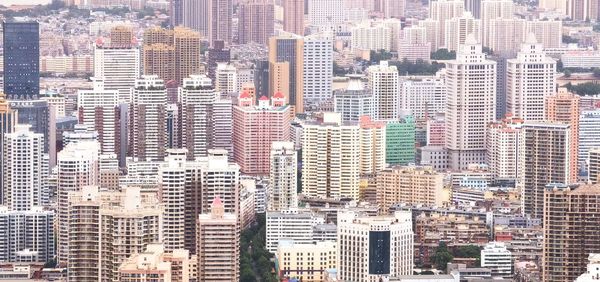 High angle view of modern buildings in city