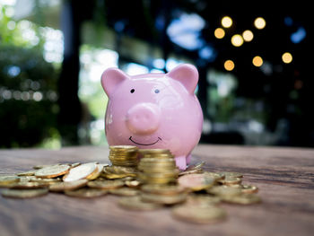 Close-up of coins on table