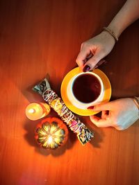 High angle view of tea cup on table