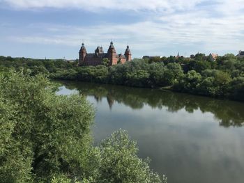 Scenic view of lake by building against sky