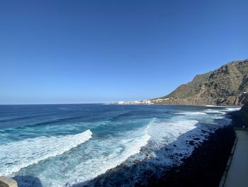 Scenic view of sea against clear blue sky