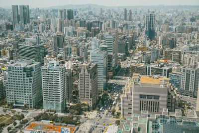 High angle view of modern buildings in city