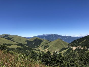 Scenic view of mountains against clear blue sky