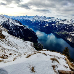 Scenic view of snowcapped mountains against sky