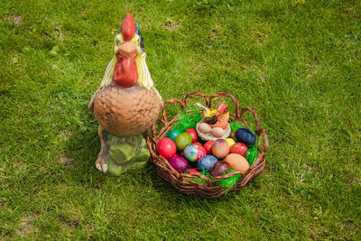 High angle view of eggs in basket on field