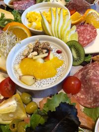 High angle view of breakfast served on table