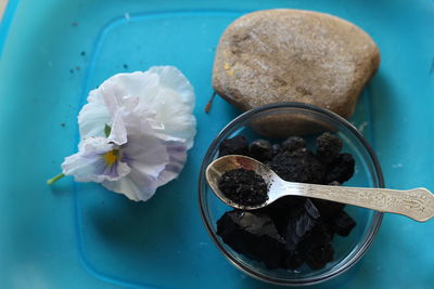 High angle view of flowers with coal on plate