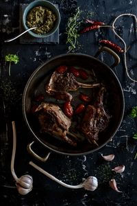 High angle view of meat in cooking pan