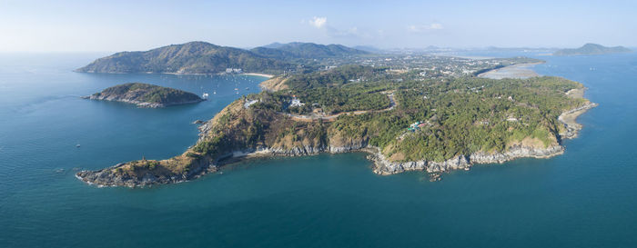 High angle view of bay and sea against sky