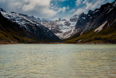 Scenic view of lake by snowcapped mountains against sky