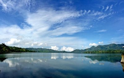 Scenic view of lake against cloudy sky