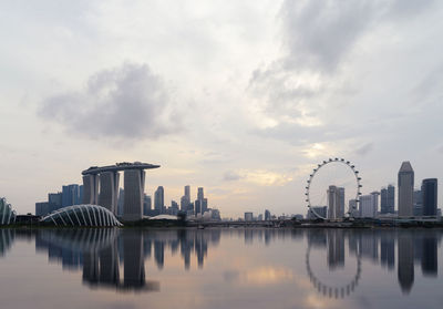 Marina bay sands at waterfront during sunset