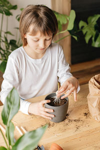 A cute little girl is planting a sprout of garlic in a flower pot. gardening as a hobby for kids.