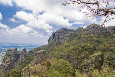 Scenic view of mountains and sea against sky