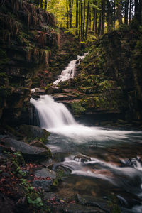 Satiny waterfalls. breathtaking, untouched nature around water. beskydy mountains, czech republic