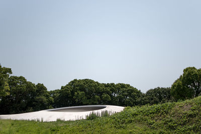 Scenic view of land and trees against clear sky