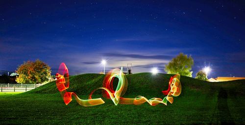 Rear view of woman standing on field against sky at night