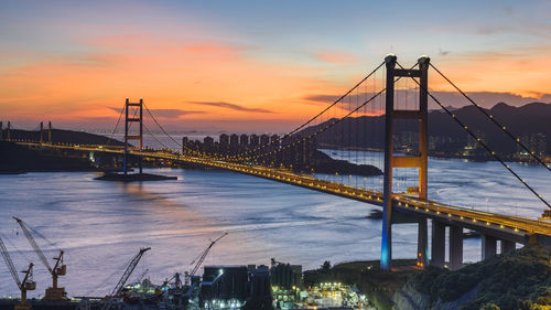 View of suspension bridge at sunset