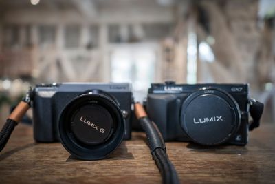 Close-up of camera on table