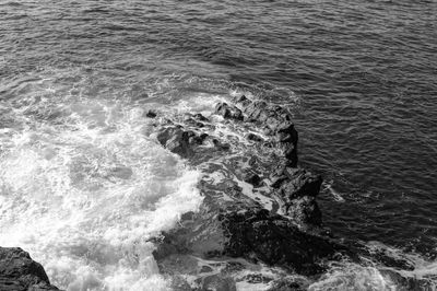 High angle view of waves splashing and crashing  on and over rocks white water surf 