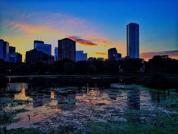 City skyline at sunset