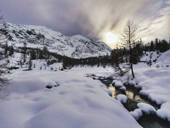 Scenic view of snow covered mountains against sky