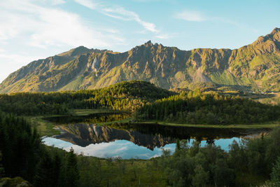 Scenic view on sunlit mountains, serene lake, three grazing moose by a forest.