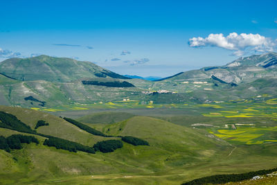 Scenic view of landscape against sky in castelluccio, umbria 