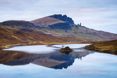 Scenic view of lake and mountains against sky