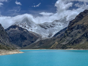 Scenic view of lake and snowcapped mountains against sky