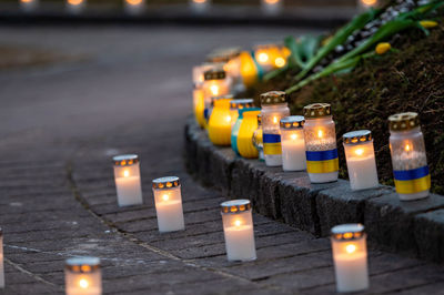 Candles on streets for peace in ukraine, symbolising to stop the war, stand with ukraine, close-up